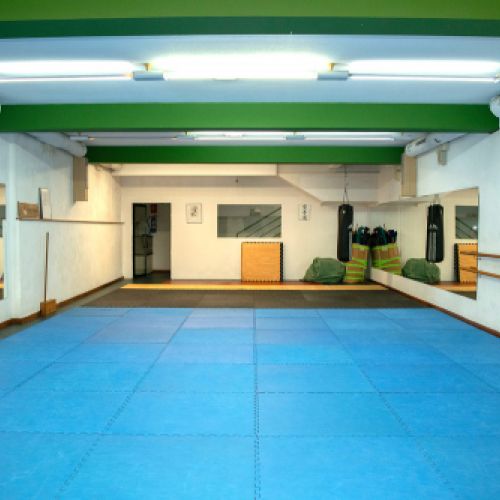 Sala grande con suelo azul